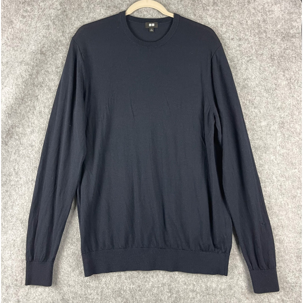 Uniqlo Wool Sweater Mens Large Blue Crewneck Long Sleeve Classic Knit Minimal